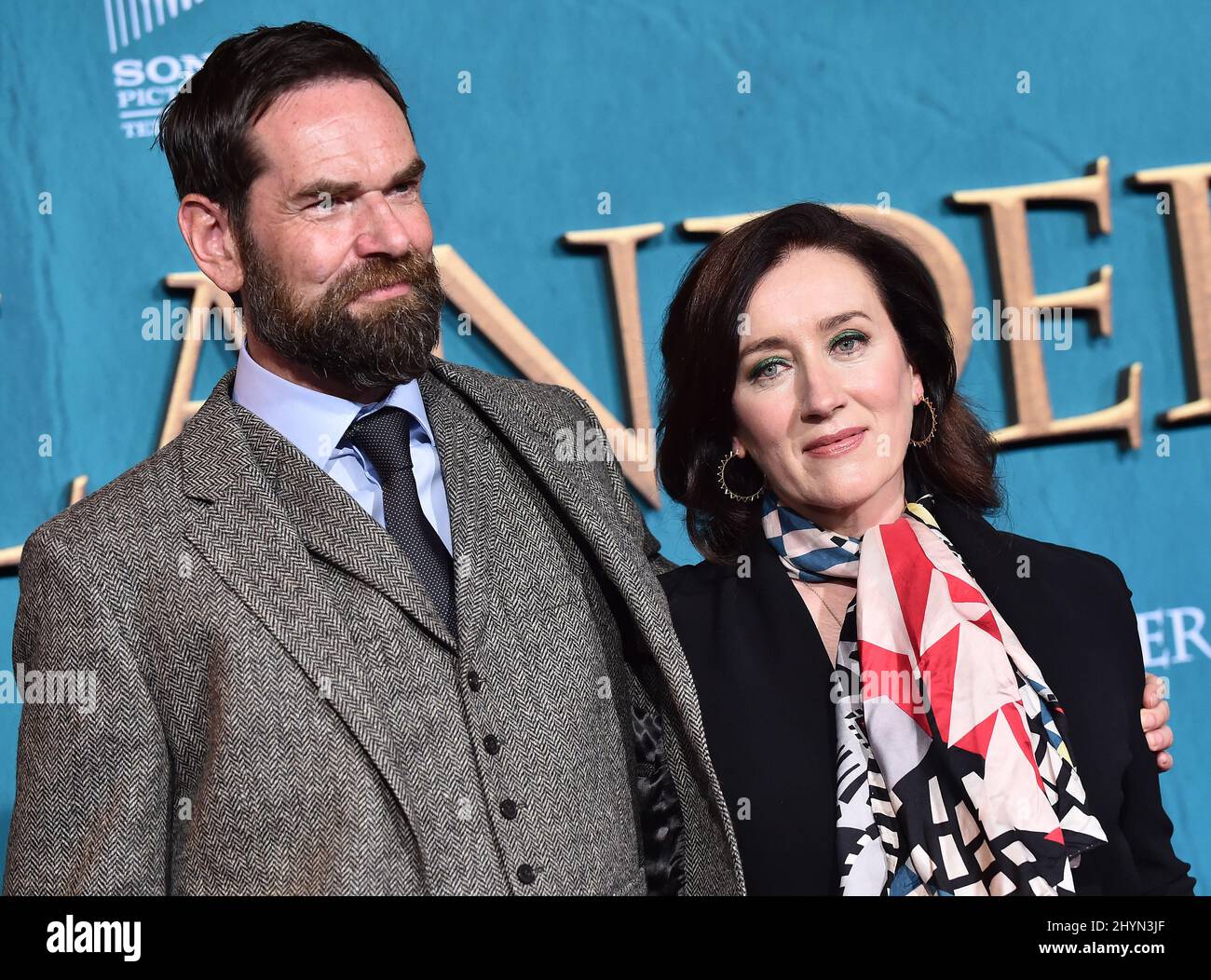 Duncan Lacroix and Maria Doyle Kennedy attending the season five premiere of Outlander in Los Angeles, California Stock Photo