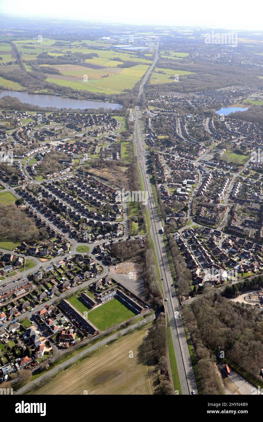 erial view of the A580 road, officially the Liverpool–East Lancashire Road or colloquially the East Lancs Road. This view from St Helens looking east. Stock Photo