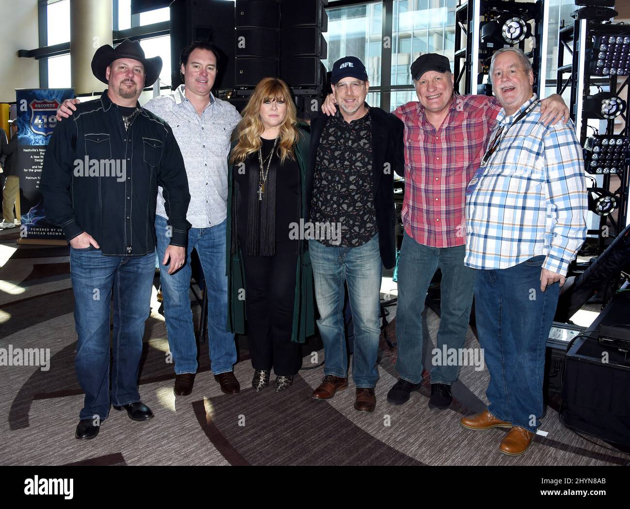 Scott Smith, Todd Smith, Jamie O'Neal, Bob Frank, Collin Raye and Chuck Rhodes offstage for BFD/Audium Nashville during the Country Radio Seminar 2020 held at the Omni Nashville in Nashville, Tennessee Stock Photo