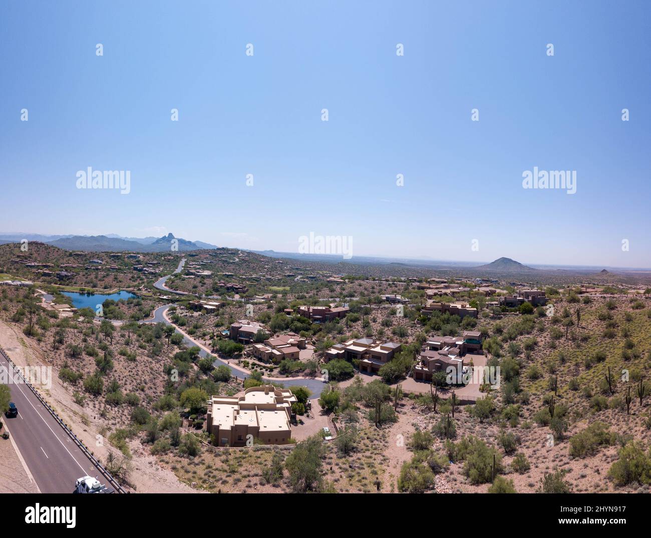 Aerial view of the mansions and roads. Fountain Hills, Fountain Park