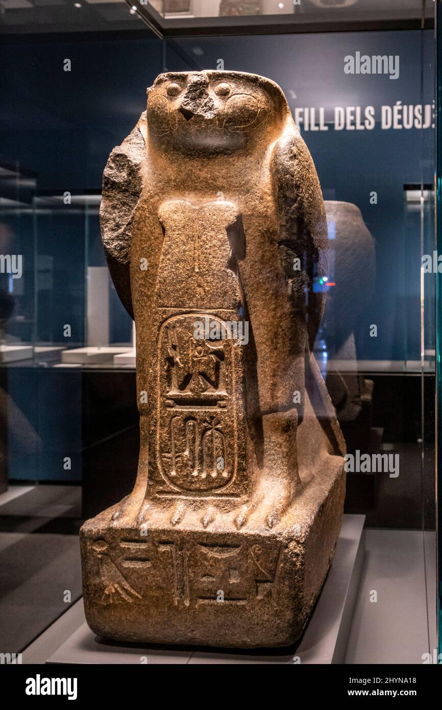 statue of the god Re-Horakhty, granite, Dynasty XIX, reign of Rameses II, 1279-1213 BC, Tell el -Maskhuta, Egypt,(Centre Cultural La Caixa - Palma),co Stock Photo