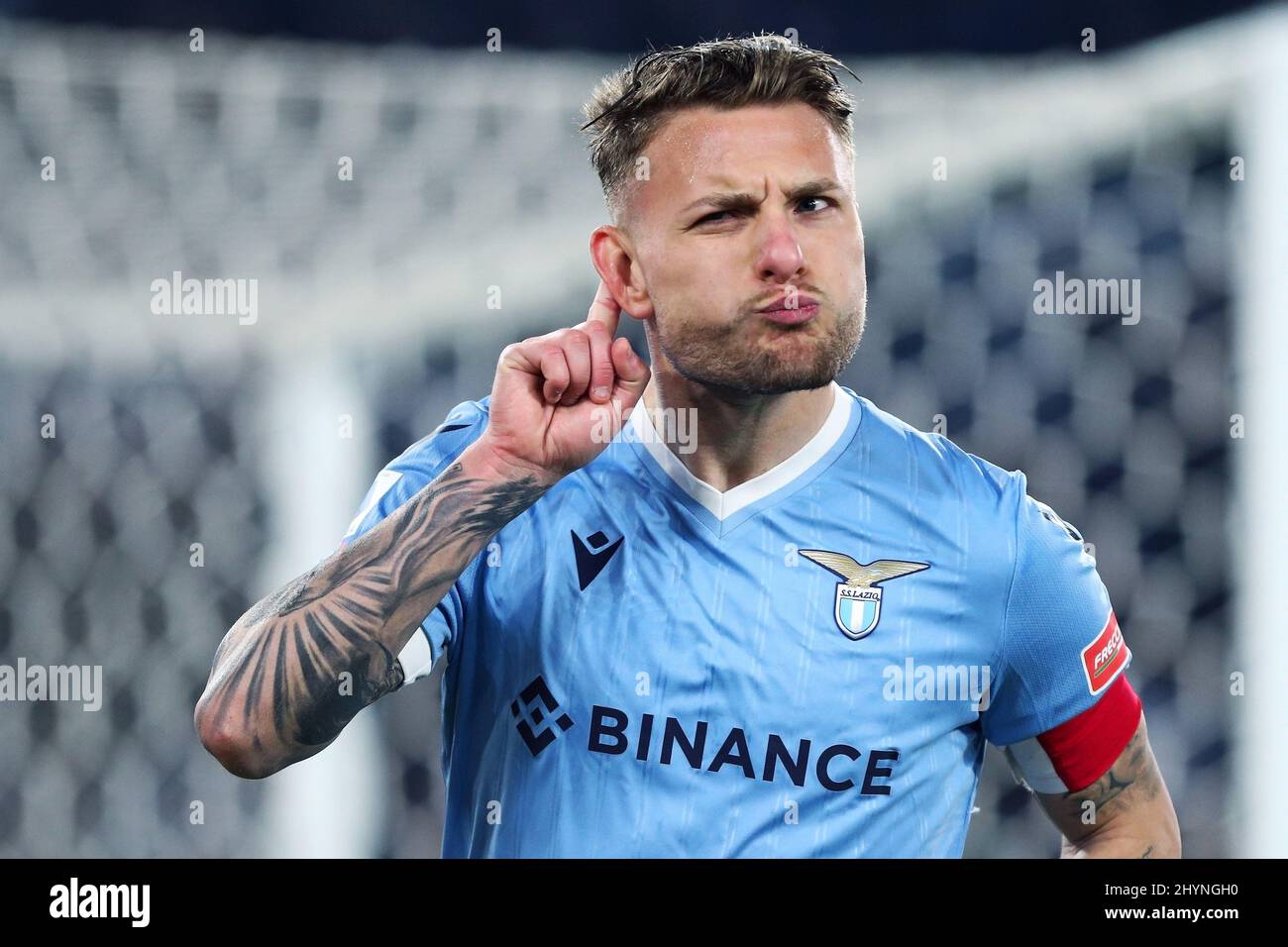 Ciro Immobile of Lazio celebrates after scoring 1-0 goal by penalty during the Italian championship Serie A football match between SS Lazio and Venezia FC on March 14, 2022 at Stadio Olimpico in Rome, Italy - Photo Federico Proietti / DPPI Stock Photo