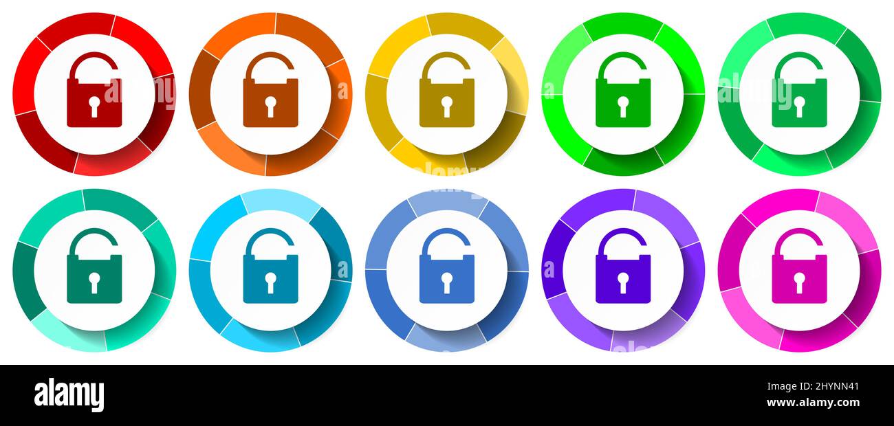 Padlock icon set, secure flat design vector illustration in 10 colors ...