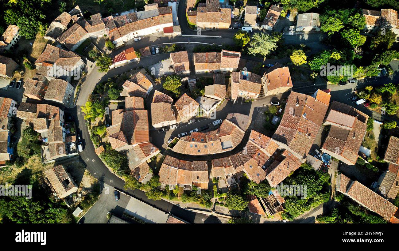 Aerial shot of a medieval round BellegardeduRazes village with red