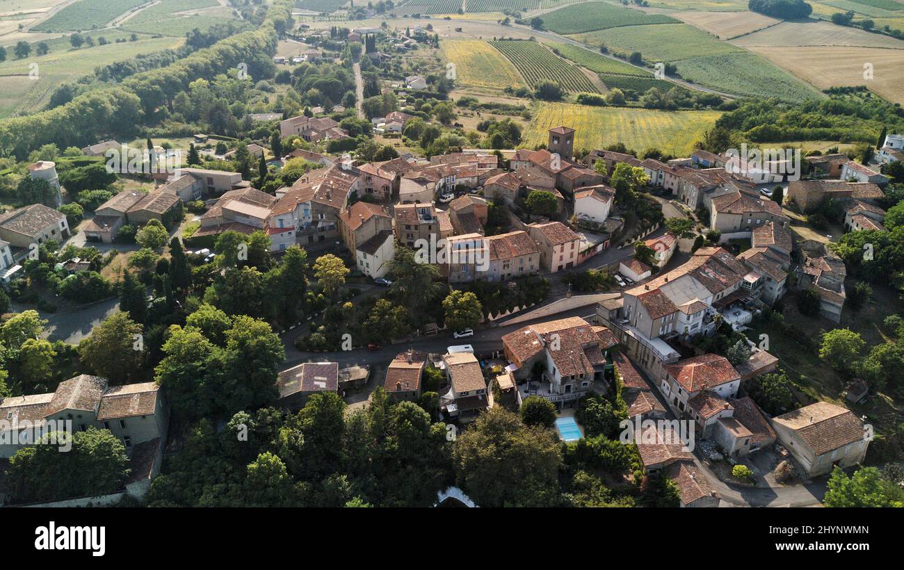 Aerial shot of a medieval round BellegardeduRazes village with red