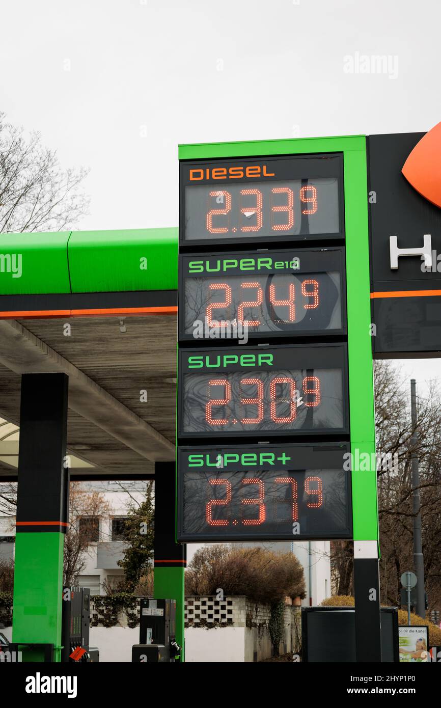 A petrol station in Munich, Germany displays the price of fuel on March