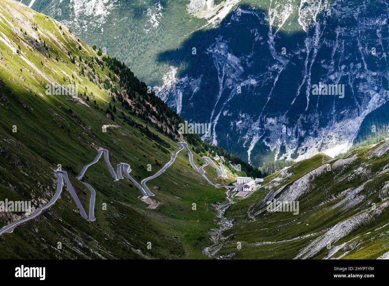 Passo dello Stelvio - Stelvio Pass. The highest paved mountain pass in the Eastern Alps (2757m). Often designated the Cima Coppi in the annual running Stock Photo