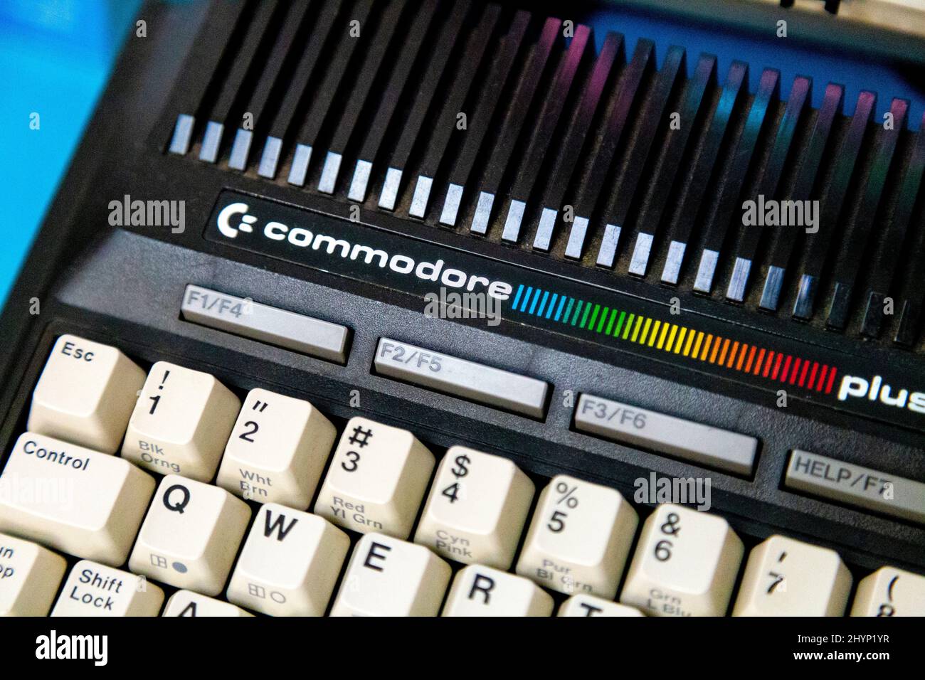 Close-up of Commodore Plus 4 retro computer keyboard on display at the Centre for Computing History, Cambridge, UK Stock Photo