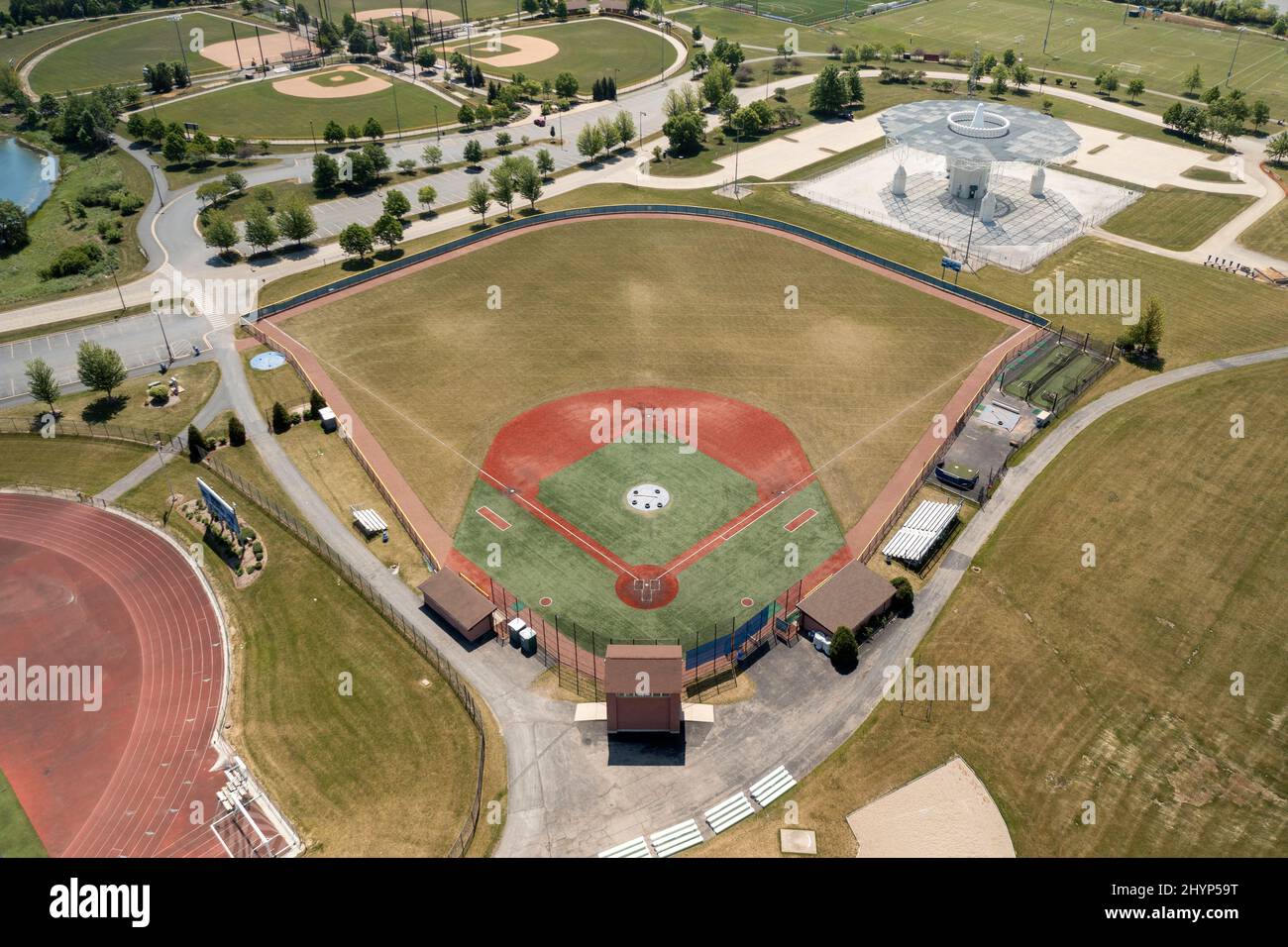 Aerial view of a high school sports complex with baseball diamonds and a soccer field in Vernon Hills, IL. USA Stock Photo