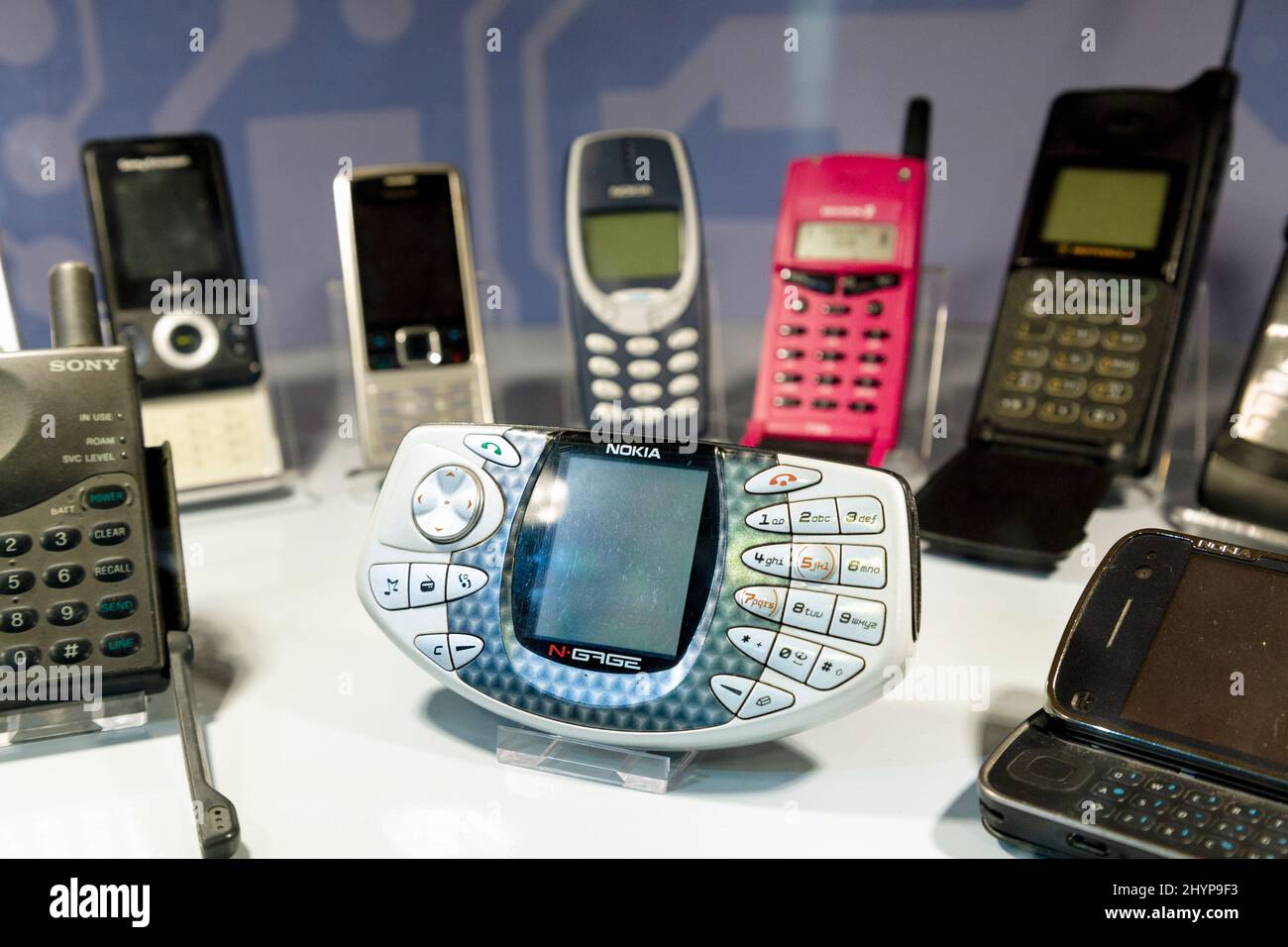 Retro mobile phones on display at Centre for Computing History, Cambridge, UK Stock Photo