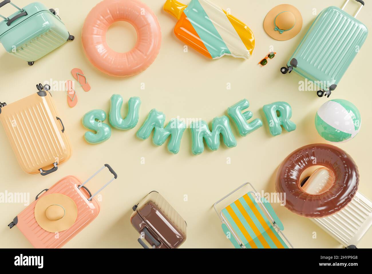 summer sign with floats and summer travel accessories around. concept of travel, summer, vacation and beach. 3d rendering Stock Photo