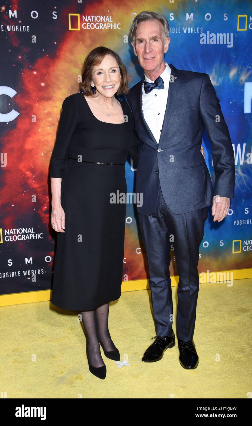 Ann Druyan and Bill Nye at National Geographic's 'Cosmos: Possible Worlds' Los Angeles Premiere held at Royce Hall UCLA on February 26, 2020 in Los Angeles. Stock Photo