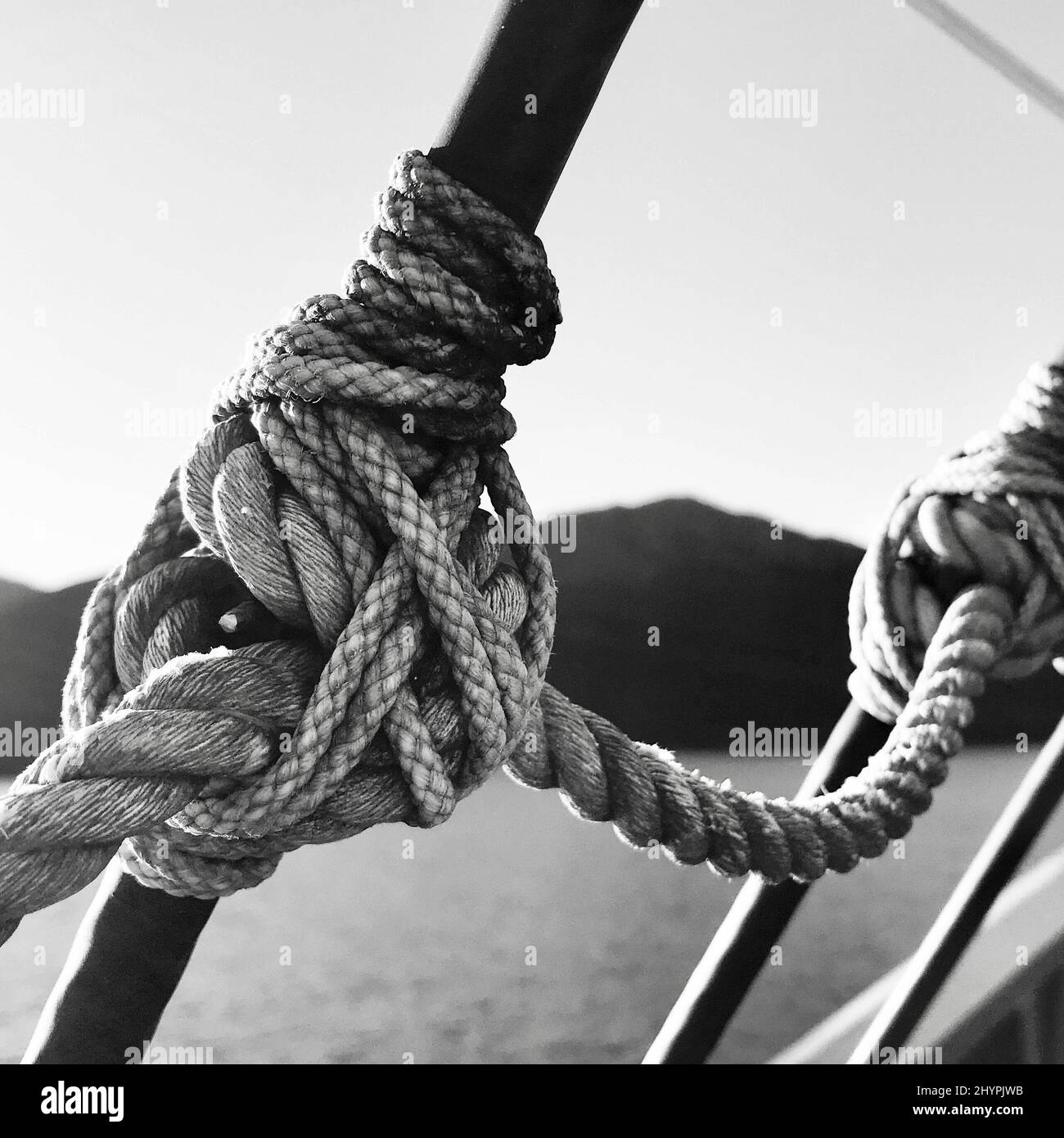 Closeup shot of nautical knots of a boat in grayscale Stock Photo