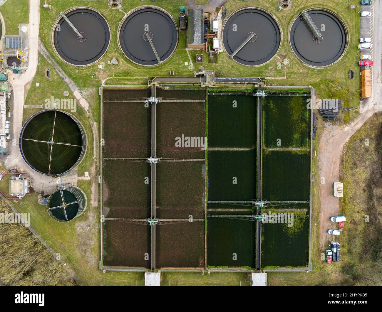 sewage and wastewater treatment facility (Btu Horsham Water Treatment Works) in Horsham West Sussex, UK, with settlement tanks and aeration lanes. Stock Photo