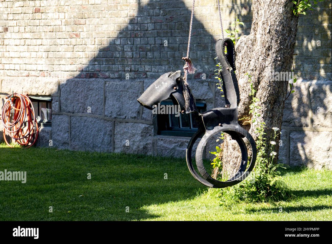 Handmade tyre swing for kids connected to the tree in the backyard of ...