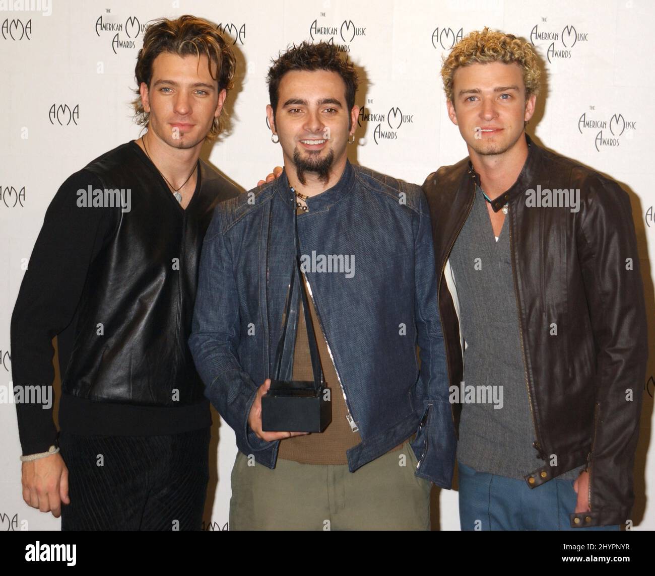 J.C Chasez, Chris Kirkpatrick & Justin Timberlake attend the 2002 American Music Awards in Los Angeles. Picture: UK Press Stock Photo