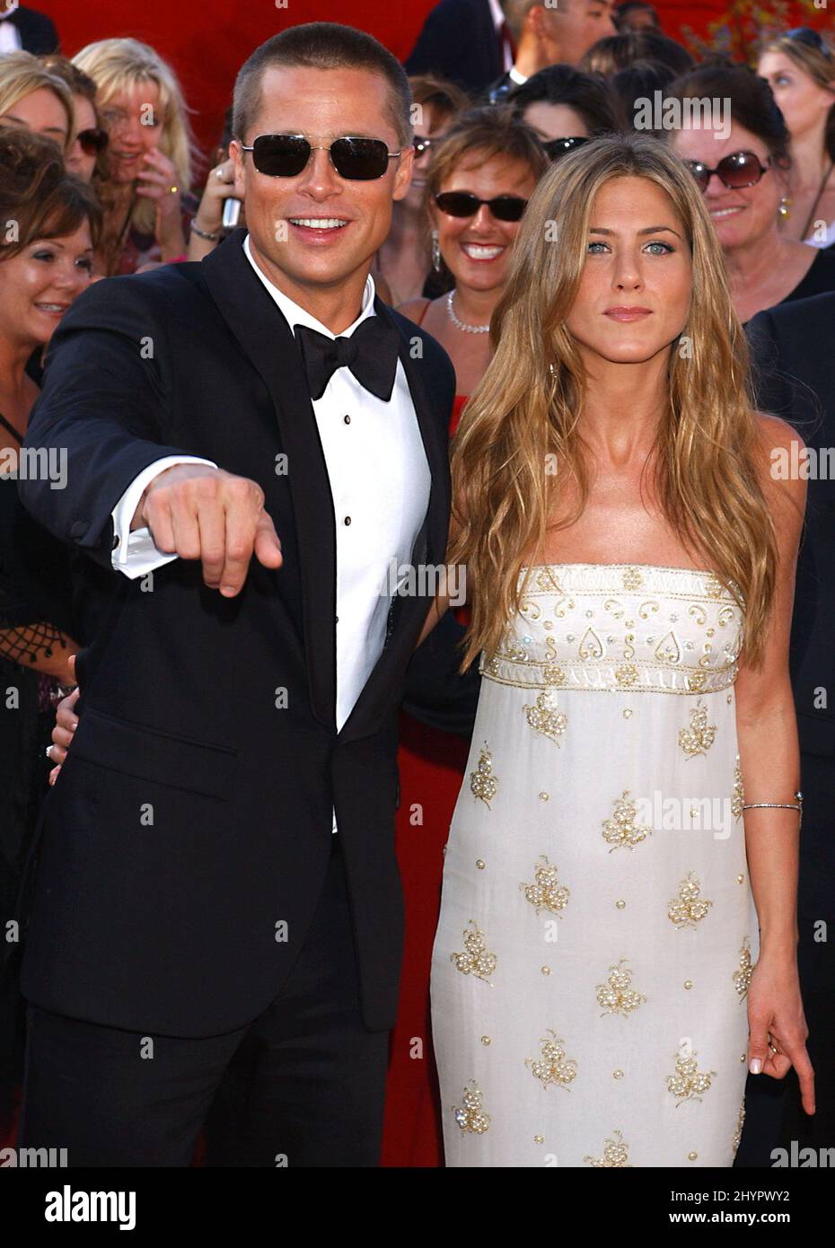 Actor Brad Pitt and his wife, actress Jennifer Aniston, arrive at Staples  Center for Game 2 of the NBA Finals between the Los Angeles Lakers and the  Philadelphia 76ers Friday, June 8