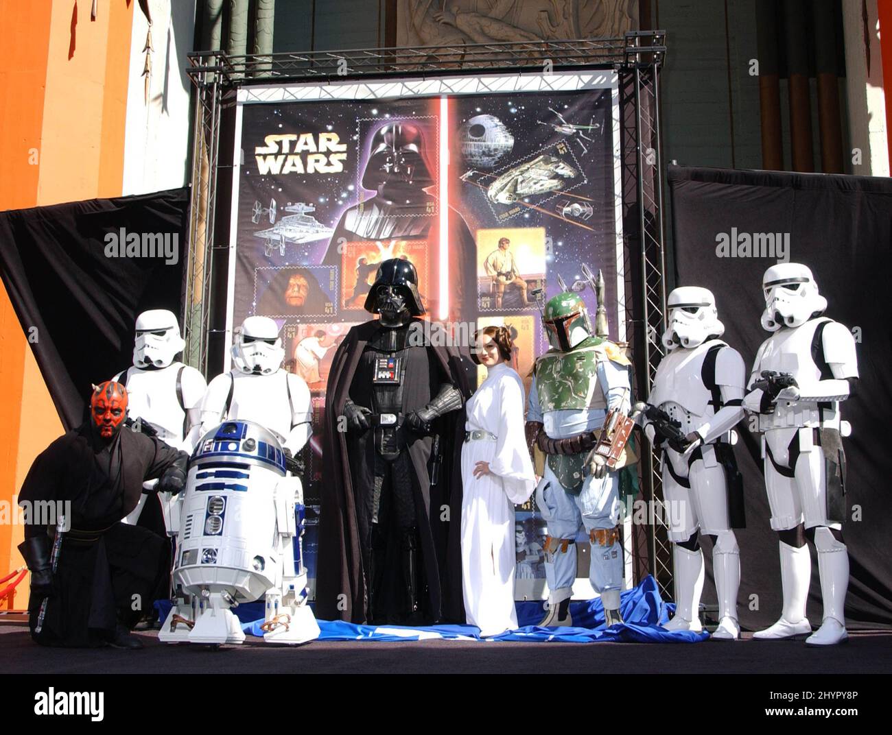 Darth Maul, R2-D2, Darth Vader, Princess Leia & Boba Fett USPS celebrate the 30th Anniversary of Star Wars with a preview of the upcoming Star Wars commemorative stamp held At Grauman's Chinese Theatre. Picture: UK Press Stock Photo