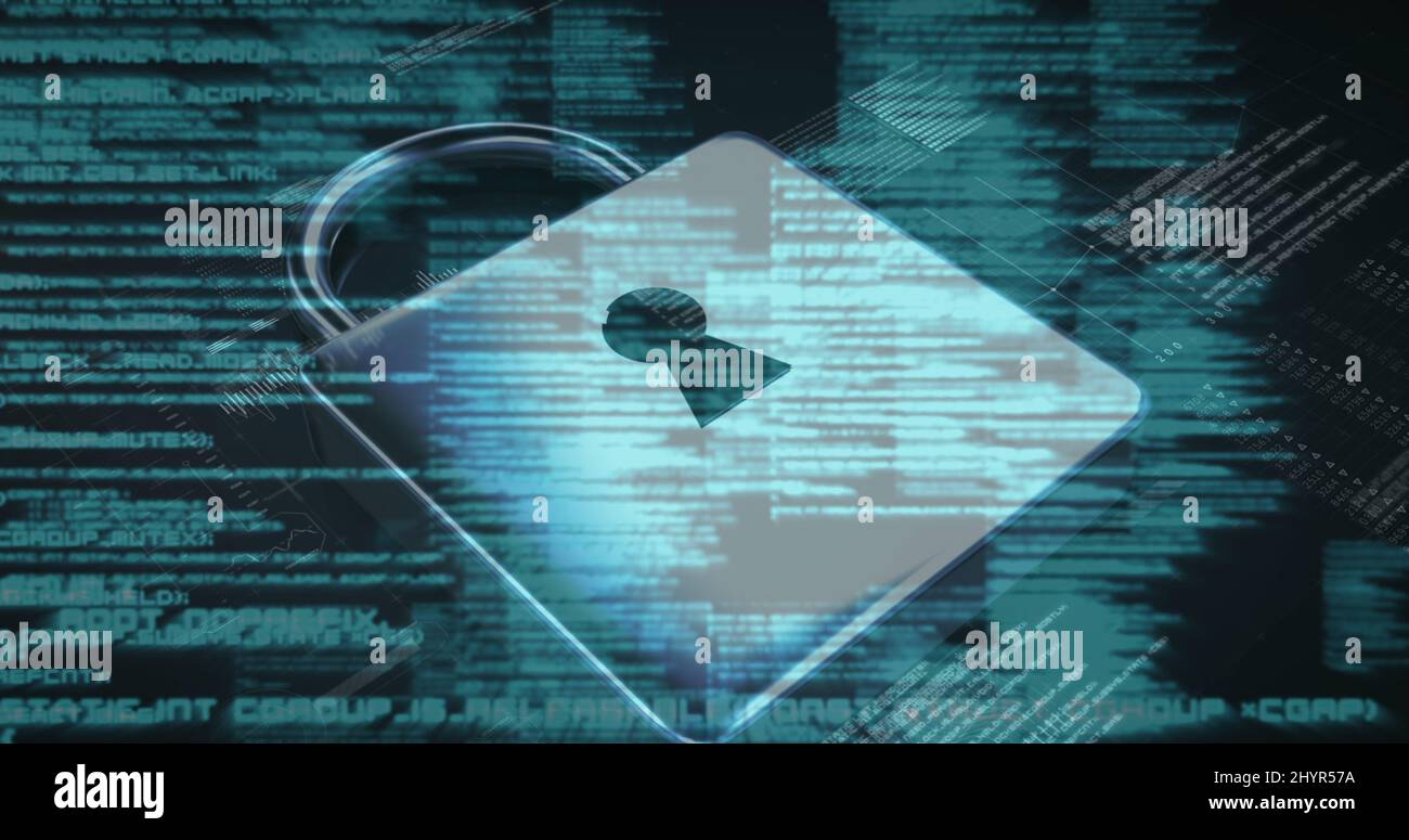 Image of data processing and padlock icon over server room Stock Photo ...