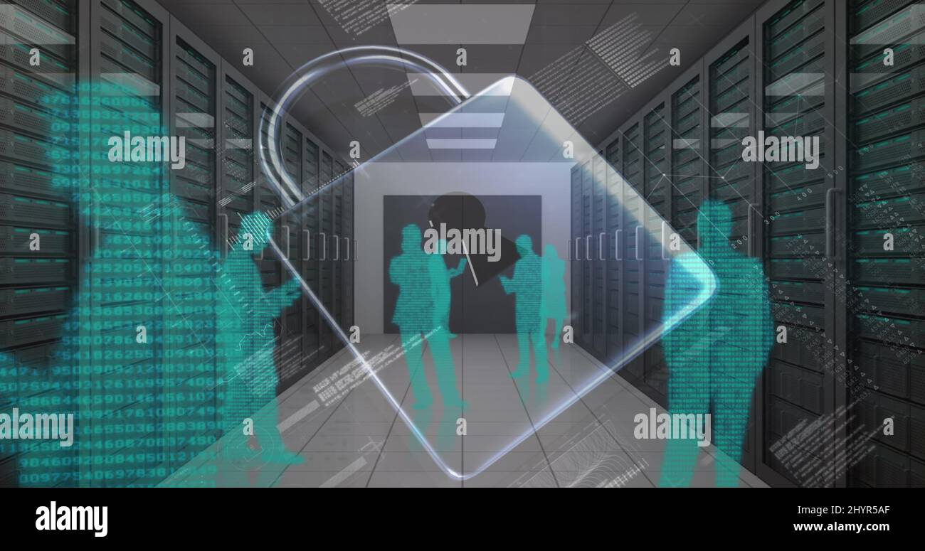 Image of data processing and padlock icon over server room Stock Photo ...