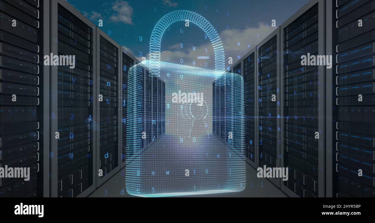 Image of data processing and padlock over server room and sky Stock ...