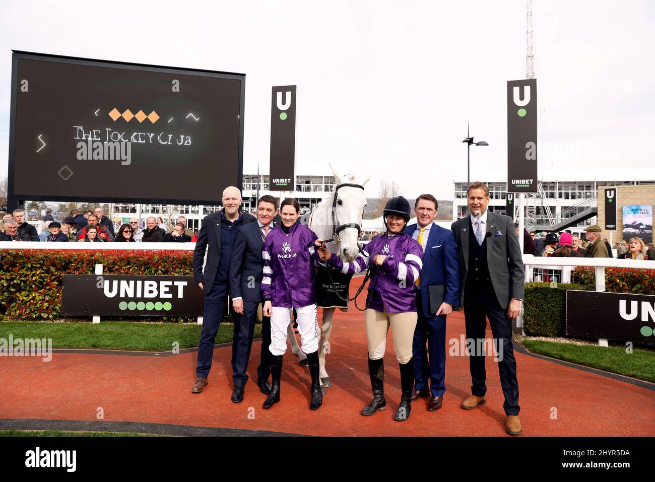 Jockey Rachael Blackmore, Sarah Haydon and ITV Racing’s Ed Chamberlin and AP McCoy with Well Child ambassador for the festival Smad Place during day one of the Cheltenham Festival at Cheltenham Racecourse. Picture date: Tuesday March 15, 2022. Stock Photo