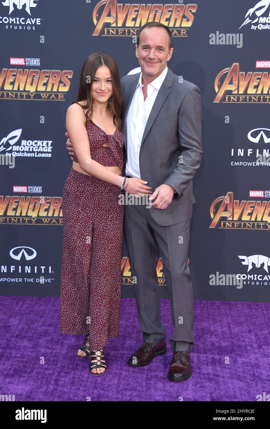 FILE PHOTO: Jennifer Grey is divorcing husband Clark Gregg after 19 years of marriage. Clark Gregg and Stella Gregg at the world premiere of 'Avengers: Infinity War' held at the El Capitan Theatre on April 23, 2018 in Hollywood, CA. Stock Photo