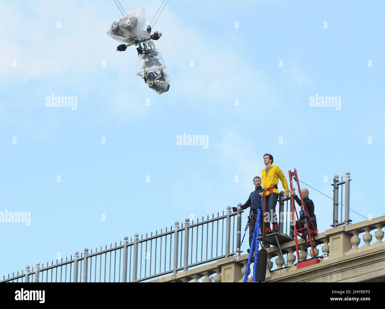 Jim Carrey bungee jumps during filming of his new movie "Yes Man" held at the Arroyo Seco Bridge in Pasadena, CA. Stock Photo