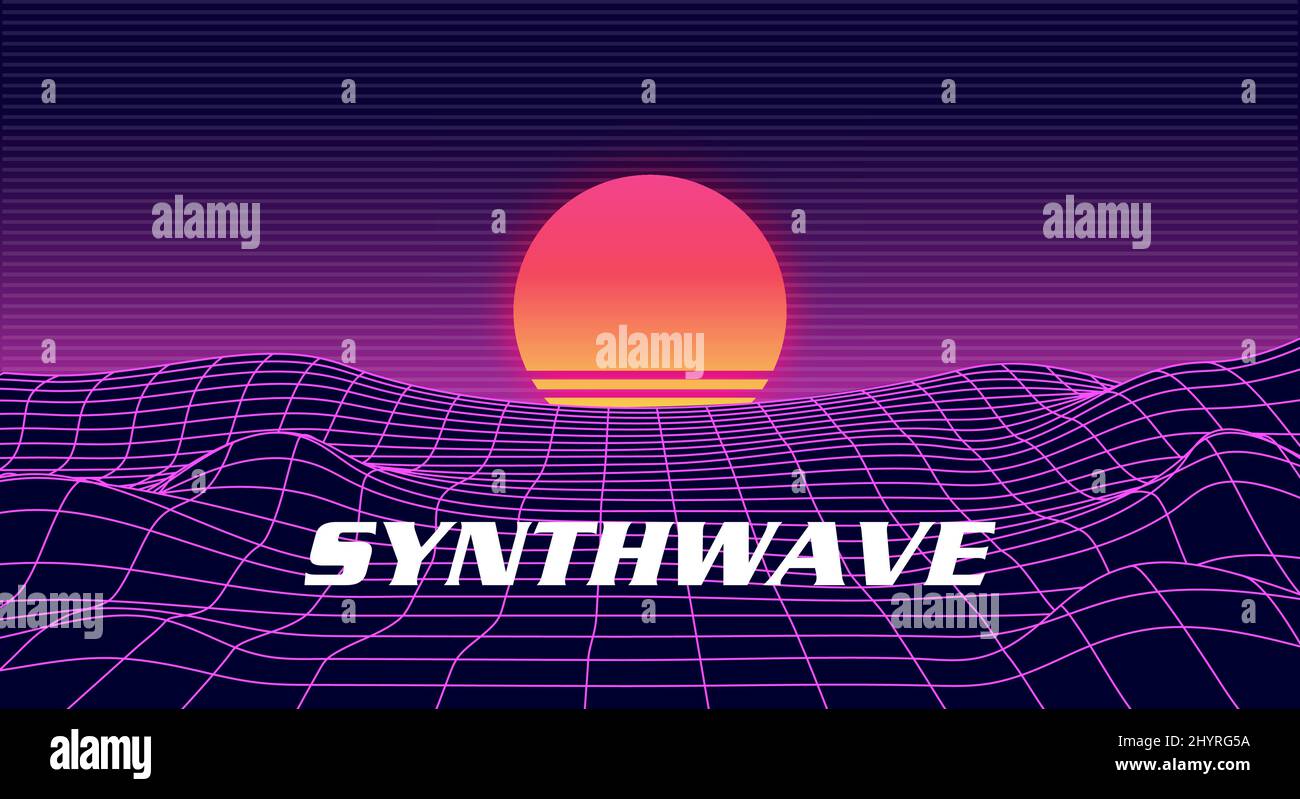 Landscape skyline with neon light grid, sun and mountains. Sci-fi, futuristic illustration. Retrowave, synthwave or vaporwave 80's Stock Vector