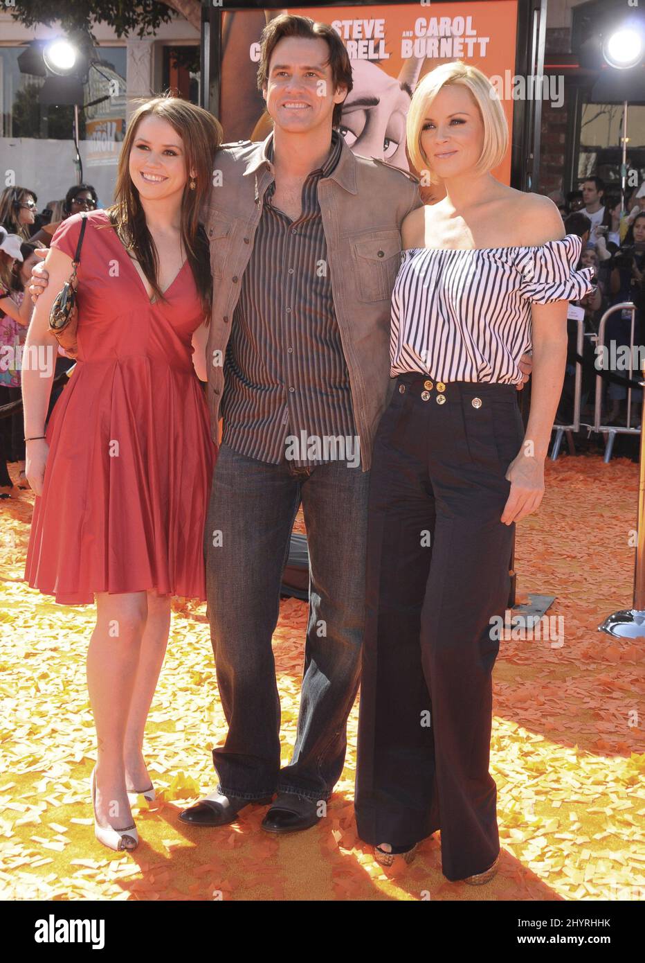 Jim Carrey, daughter Jane Carrey and Jenny McCarthy arriving at the premiere of 'Horton Hears A Who' held at the Mann Village Theatre in Westwood, California. Stock Photo
