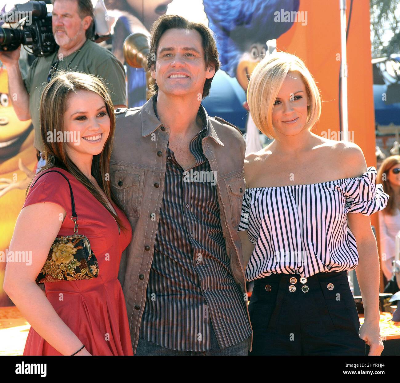 Jim Carrey, daughter Jane Carrey and Jenny McCarthy arriving at the premiere of 'Horton Hears A Who' held at the Mann Village Theatre in Westwood, California. Stock Photo