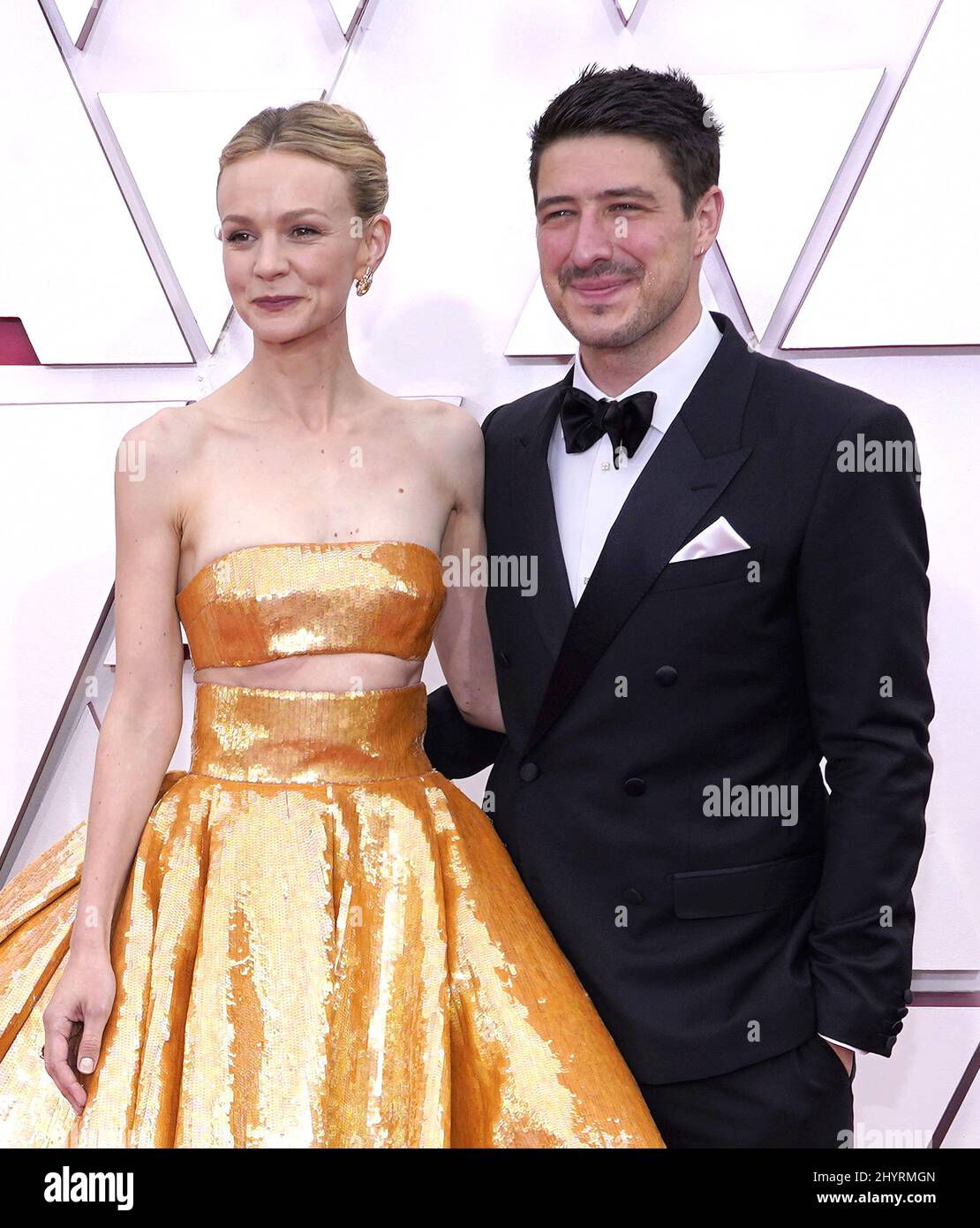 Carey Mulligan Walks Oscars 2021 Red Carpet in Golden Two-Piece Gown with  Marcus Mumford