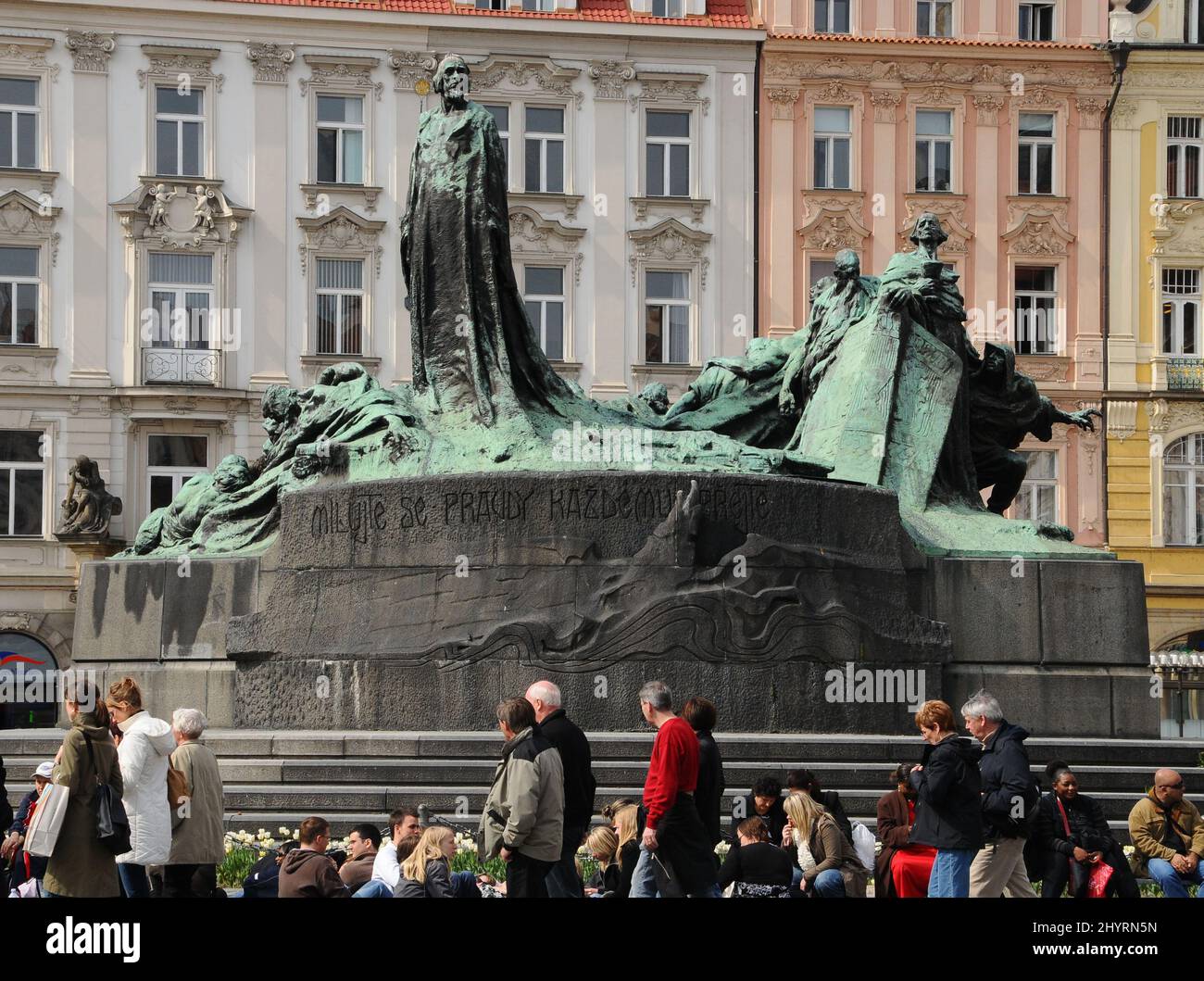 The Jan Hus Memorial stands at one end of Old Town Square. The huge monument depicts victorious Hussite warriors and Protestants who were forced into exile 200 years after Hus and a young mother which symbolizes national rebirth. Stock Photo