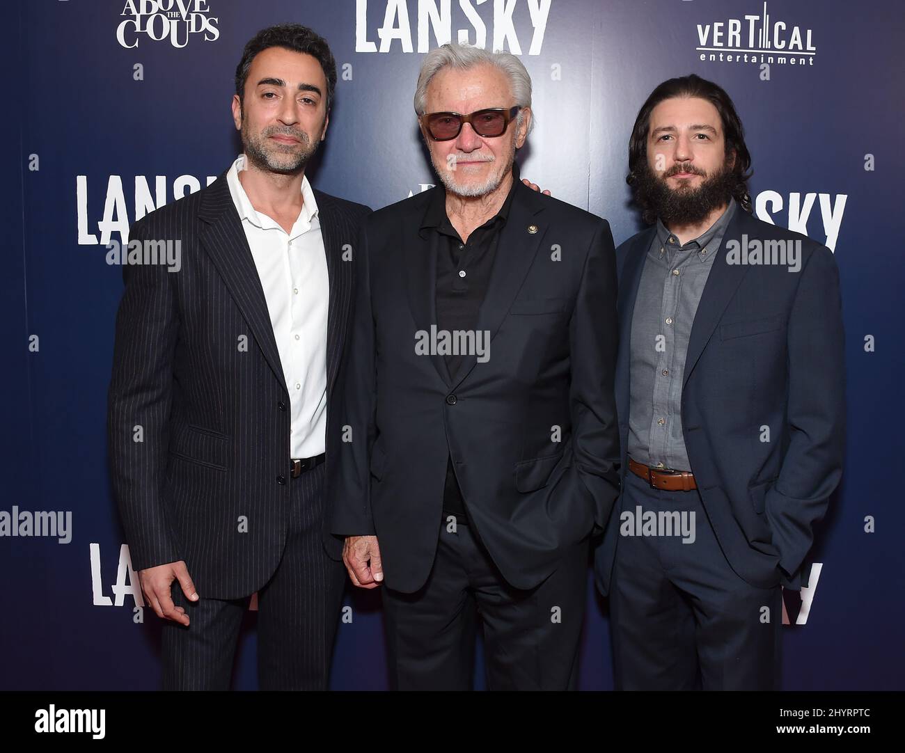 Eytan Rockaway, Harvey Keitel and John Magaro arriving to the Lansky€™ Los Angeles Premiere at Harmony Gold Theater on June 21, 2021 in Los Angeles, CA. Stock Photo