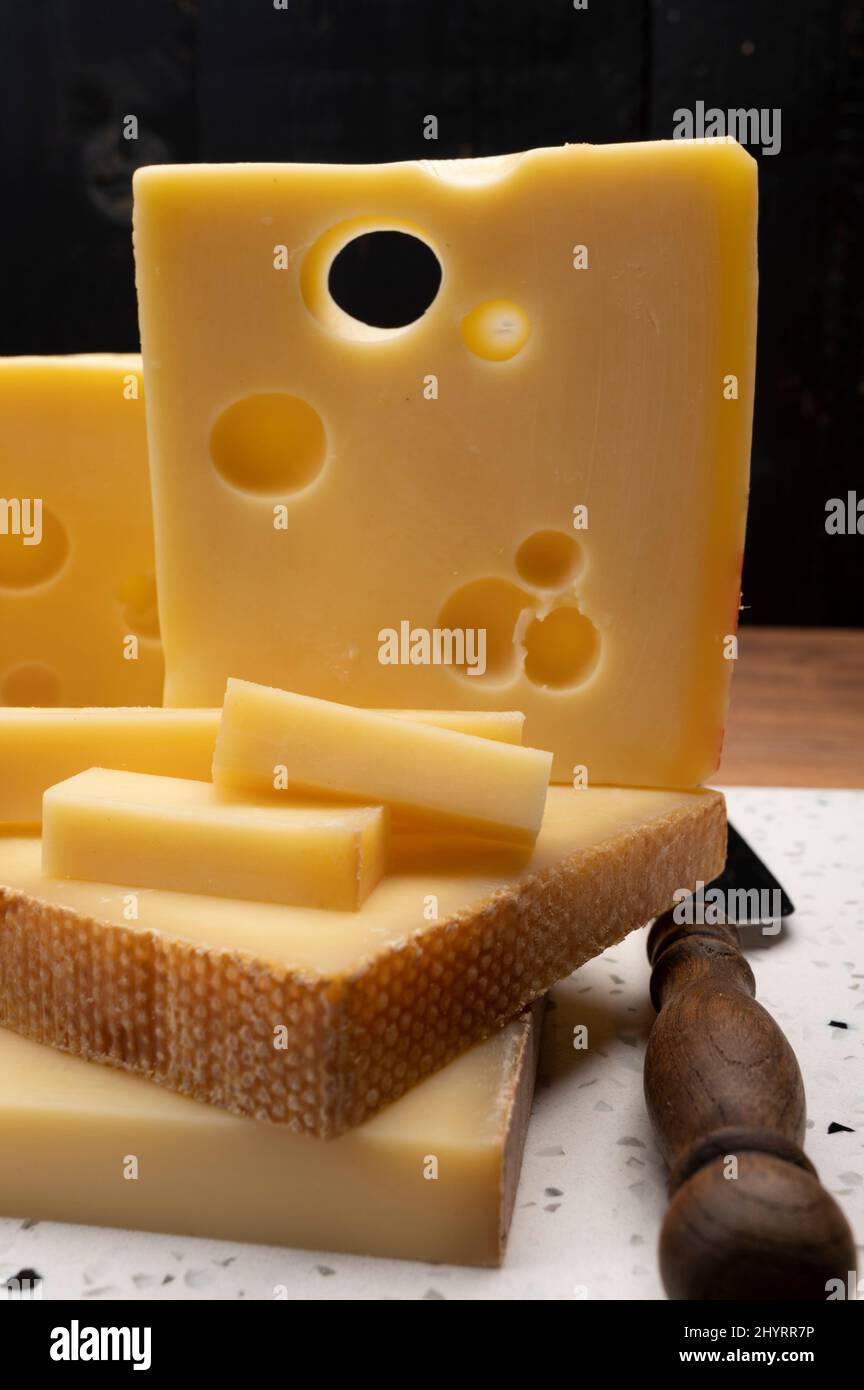 Swiss cheese collection, holes emmentaler and gruyere cheese made from