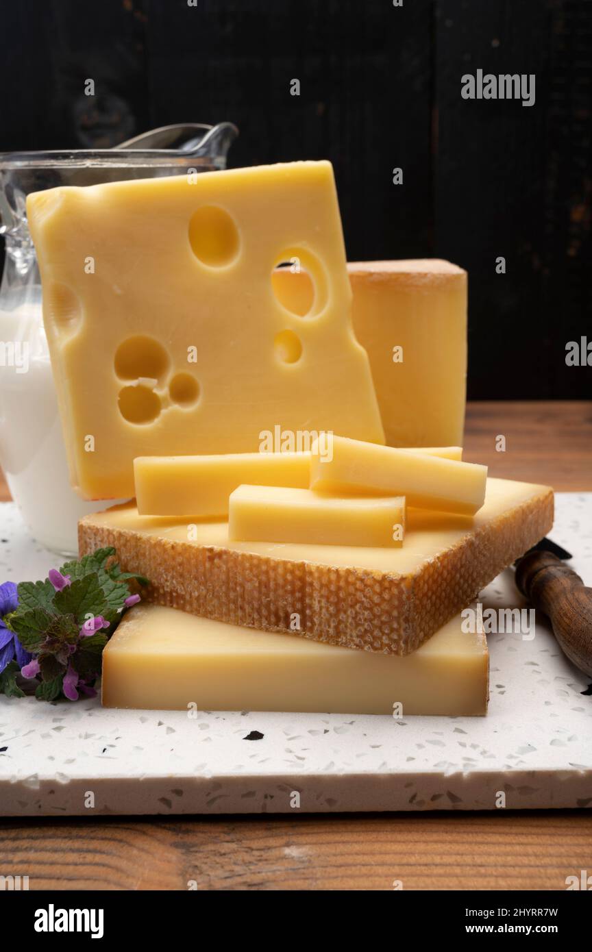Swiss cheese collection, holes emmentaler and gruyere cheese made from