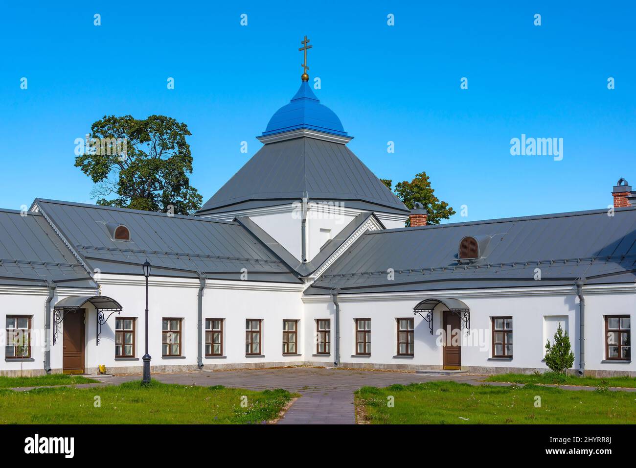 Konevets Island, the inner part of the monastery square and the church in the name of St. Arseny, recently restored Stock Photo