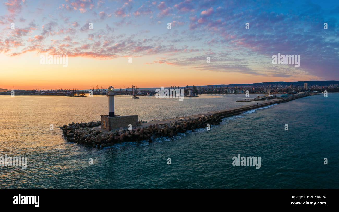 Aerial view of lighthouse at sunset in Varna, Bulgaria. Stock Photo