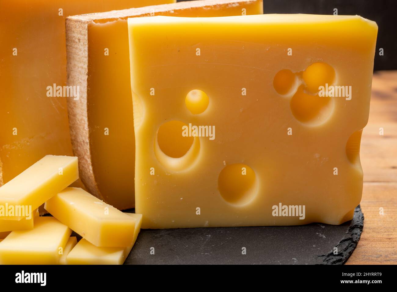 Swiss cheese collection, emmentaler with holes, gruyere, appenzeller