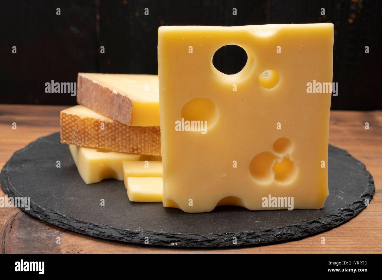 Swiss cheese collection, emmentaler with holes, gruyere, appenzeller