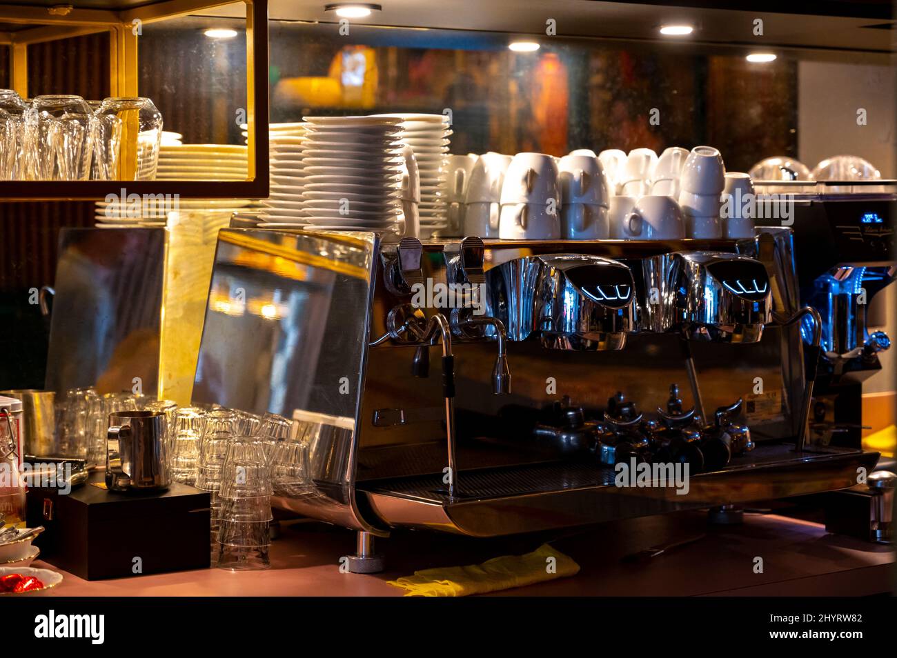Professional Italian expresso coffee machine in small Italian bar in