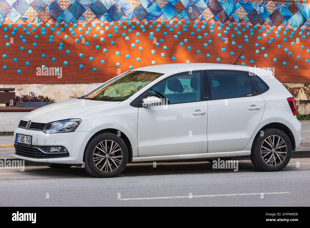 Side; Turkey – March 05 2022: white Volkswagen Polo is parked on the ...