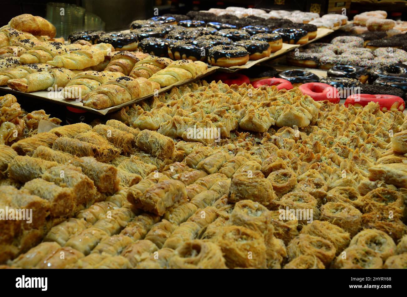Traditional Israeli pastry in a stall market in Jerusalem, Israel, Middle East Stock Photo