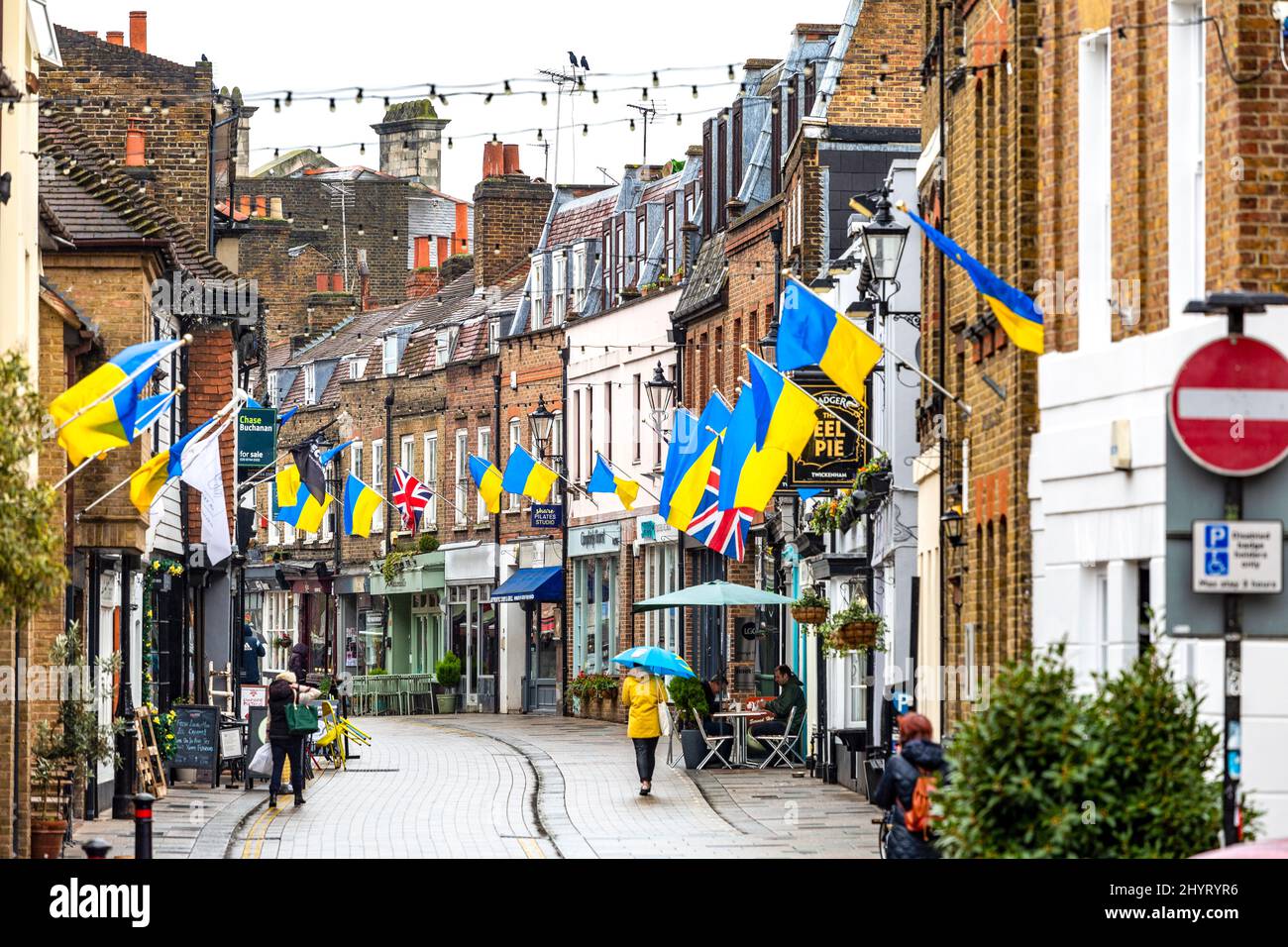 Ukraine flags flying in Twickenham to support Ukraine Stock Photo
