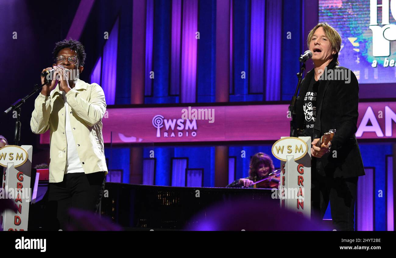 Breland and Keith Urban performing onstage at Loretta Lynn's Friends: Hometown Rising benefit concert with proceeds benefiting the United Way of Humphreys County on September 13, 2021 in Nashville, TN. Stock Photo