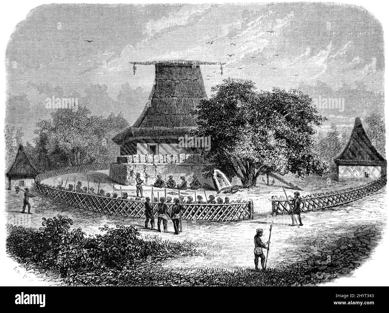 Traditional Village Compound with Temple or Spirit House of Indigenous Fijians Fiji. Vintage Illustration or Engraving 1860. Stock Photo