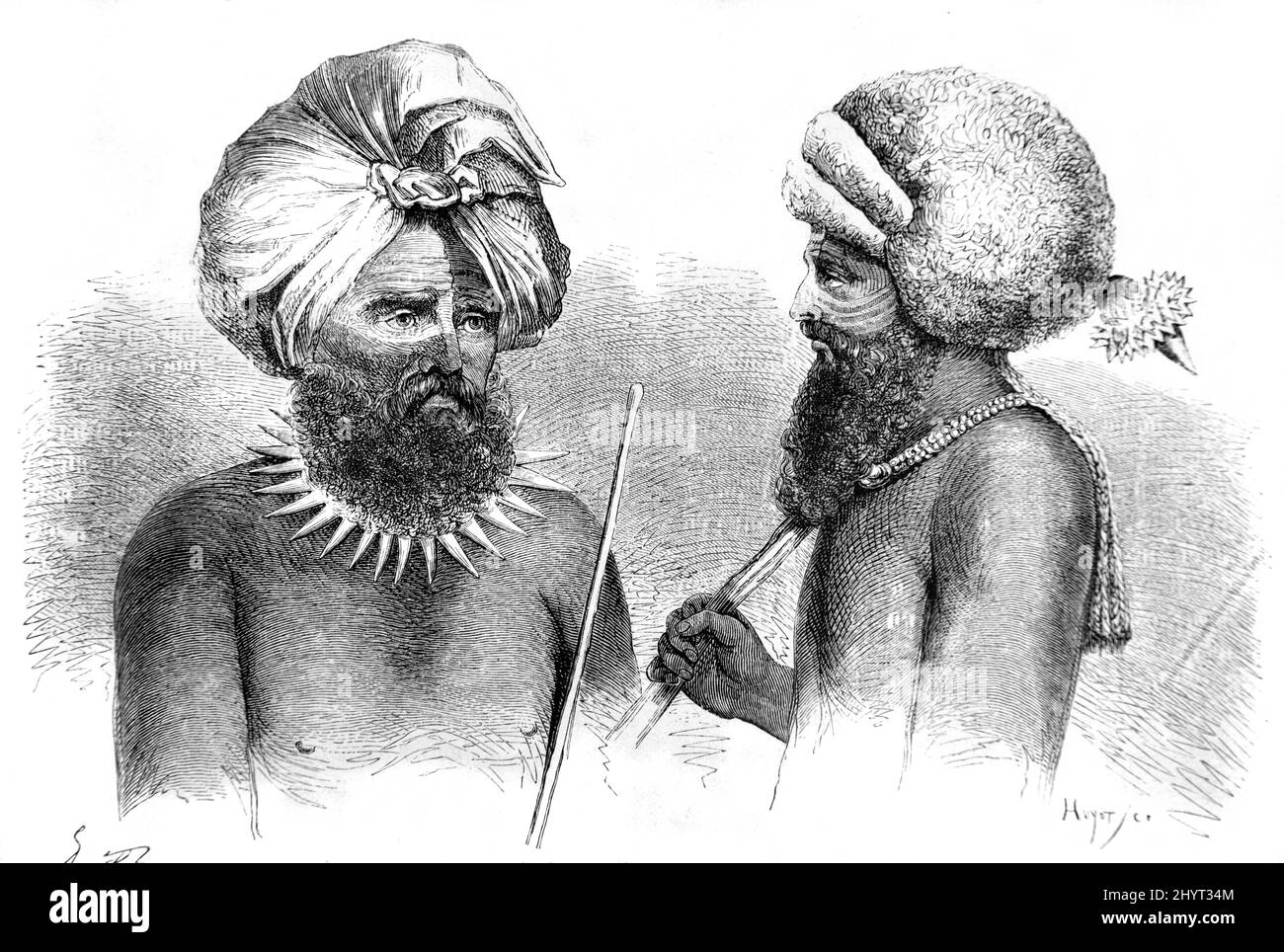 Indigenous Fijians in Native or Traditional Headdress and Face Paint Fiji.Vintage Illustration or Engraving 1860. Stock Photo