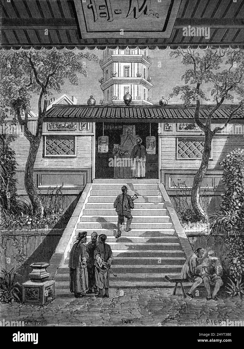 Whampoa Pagoda or Chinese Buddhist Temple Hong Kong. Vintage Illustration or Engraving 1860. Stock Photo