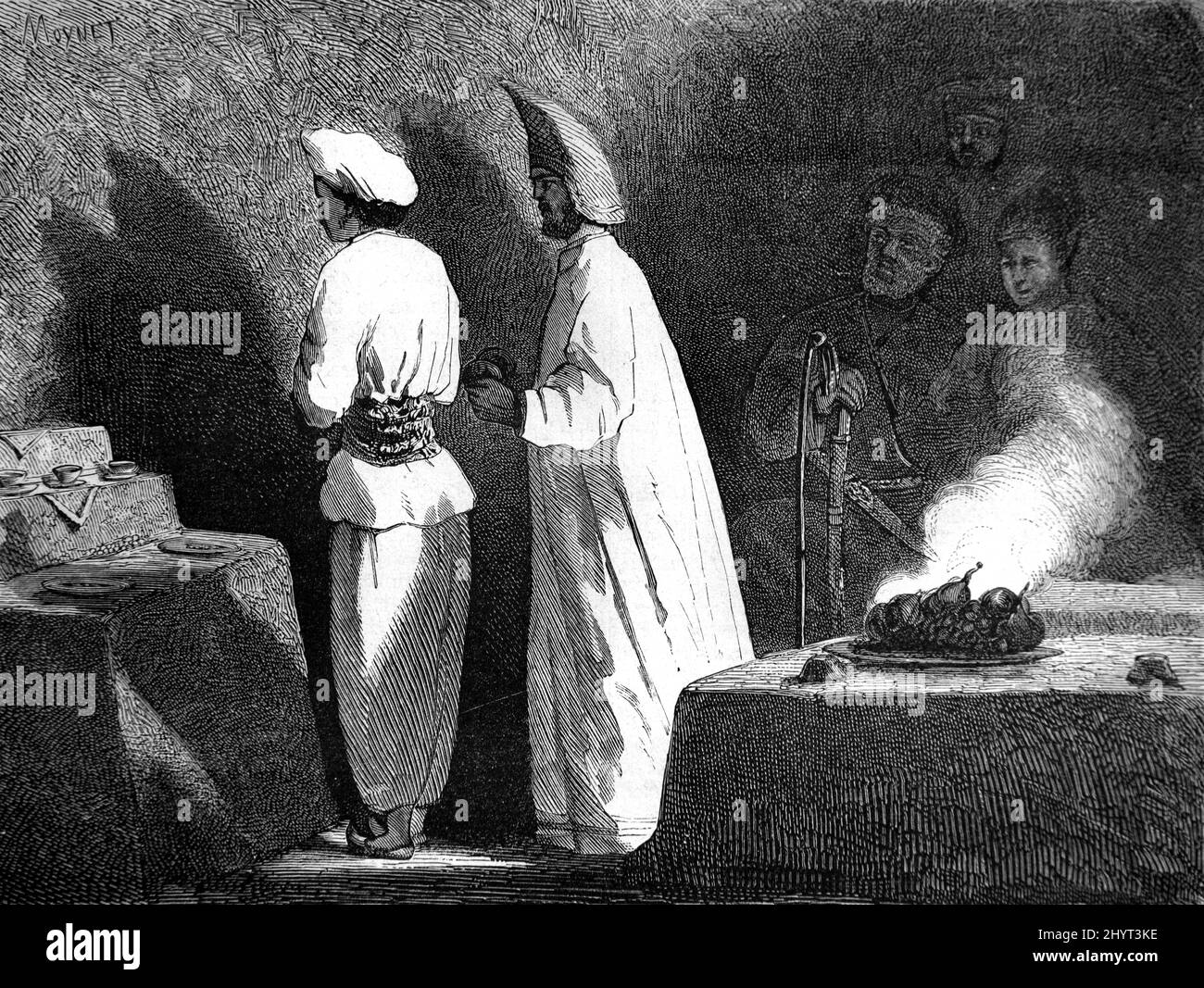 Zorastrian Ceremony in the Fire Temple or Ateshgah of Baku, now a Museum, Surakhany Baku Azerbaijan. Vintage Illustration or Engraving 1860. Stock Photo