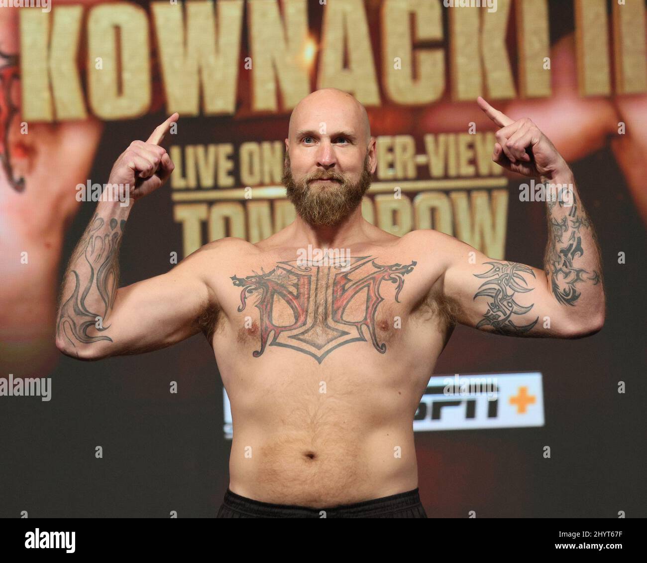 Robert Helenius on stage during the weigh-in for the Tyson Fury vs Deontay Wilder III World Heavyweight Championship fight at the MGM Grand Garden Arena on October 8, 2021 in Las Vegas,